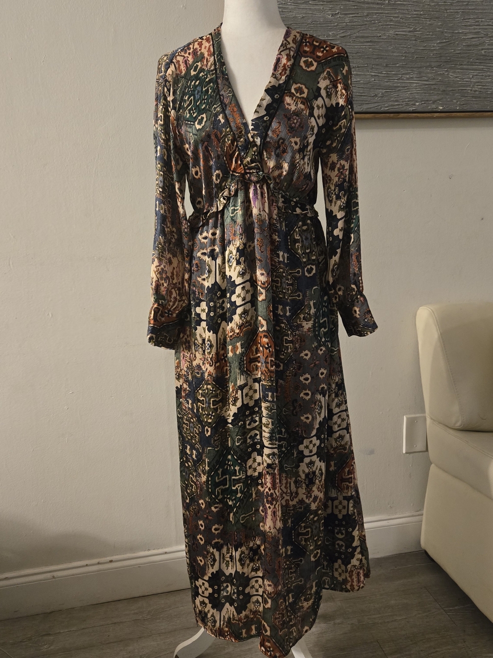 Zara Multicolor V-Neck Long Sleeve Maxi Dress